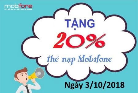 MobiFone ưu đãi 20% giá trị thẻ nạp trong ngày 3/10/2018