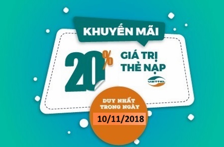 Viettel khuyến mãi 20% giá trị thẻ nạp cho thuê bao trả trước trong ngày 10/11