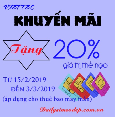Chi tiết chương trình khuyến mãi Viettel Cục Bộ Thời gian khuyến mãi: Diễn ra từ ngày 15/2/2019 đến hết ngày 3/3/2019. Đối tượng tham gia: Các thuê bao di động trả trước nhận được tin nhắn mời nạp thẻ “VIETTEL KHUYEN MAI 20% GIA TRI 3 the nap dau tien. Chuong trinh ap dung tu 15/02-03/03/2019 cho thue bao nhan duoc tin nhan. Chi tiet LH 198 (0d). Tu choi QC, soan TC1 gui 199“ từ hệ thống hệ thống NAPTHE_VT. Nội dung ưu đãi cụ thể: Tặng 20% giá trị tương ứng với mệnh giá; Trong đó: Tặng 10% giá trị thẻ nạp vào tài khoản khuyến mại sử dụng nội, ngoài mạng. Tặng 10% vào tài khoản khuyến mãi nội mạng. Hình thức nạp thẻ hưởng khuyến mãi: Nạp bằng thẻ cào điện thoại. Nạp tiền điện thoại online. Nạp thẻ hộ cho thuê bao khác. Các quy định cần nắm khi tham gia khuyến mãi Viettel từ ngày 15/2/2019 – 3/3/2019 Không giới hạn ngày sử dụng tiền khuyến mãi 20% được nhận. Đối với thuê bao trả trước hòa mạng gói cước Economy thì thời gian sử dụng của tài khoản khuyến mại phụ thuộc vào mệnh giá thẻ nạp. Trong 24h (tính từ thời điểm nạp thẻ) hệ thống Viettel sẽ tự động cộng đúng số tiền ưu đãi 20% vào tài khoản KM theo quy định của chương trình. Khuyến mãi nạp thẻ từ ngày 15/2/2019 – 3/3/2019 áp dụng cho tất cả các mệnh giá thẻ nạp Viettel hiện hành. Chỉ áp dụng khuyến mãi 20% thẻ nạp cho 3 lần nạp thẻ Viettel đầu tiên trong suốt thời gian diễn ra chương trình. Hy vọng rằng bạn sẽ là một trong những khách hàng may mắn nhận được khuyến mãi trong lần ưu đãi này. Bên cạnh đó, nhà mạng Viettel vẫn đang thường xuyên đưa ra nhiều chương trình ưu đãi khác nhằm tri ân các khách hàng thân yêu. Cùng chờ đợi sự “bùng nổ” từ nhà mạng này trong thời gian tiếp theo các bạn nhé. Và nếu như bạn chưa sở hữu cho mình một số sim Viettel ưng ý thì có thể đến với Đại lý sim số đẹp để đặt mua sim với giá thành vô cùng yêu thương. Thật vậy, với nhiều năm kinh nghiệm hoạt động trong lĩnh vực sim số đẹp, chắc chắn đại lý sẽ mang tới cho khách hàng sự hài lòng. Nhanh tay đặt mua ngay từ hôm nay để nhận được nhiều ưu đãi nào các bạn. Với trụ sở chính được đặt tại số 36 Lương Khánh Thiện (Hoàng Mai – Hà Nội), khách hàng có thể tới đây để đặt mua trực tiếp. Ngoài ra, các bạn cũng có thể mua sim tại nhà bằng cách liên hệ hotline 0976.119.119 – 0977.119.119 hoặc truy cập website Dailysimsodep.com.vn và cập nhật tin tức hữu ích liên quan tới dịch vụ viễn thông trong nước nhé.