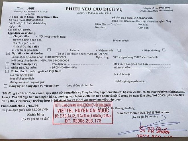 Chứng từ mua SIM của khách hàng Đặng Quyền HUy được báo chí đăng tải gần đây