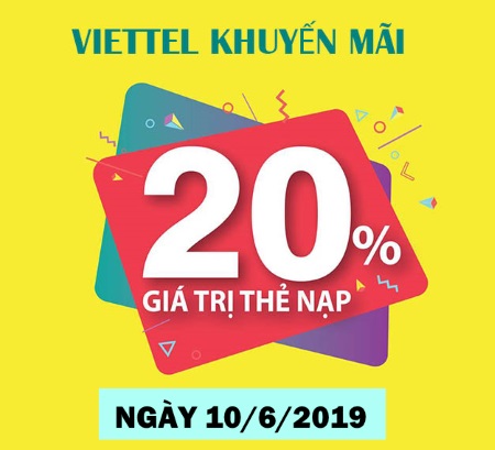 Viettel khuyến mãi 20% giá trị thẻ nạp trong ngày 10/6