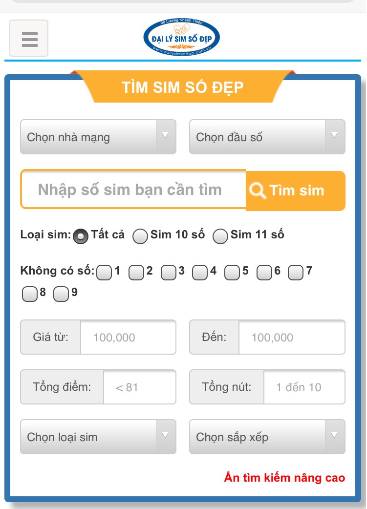 công cụ tìm sim sắp xếp sim theo thứ tự giảm dần.