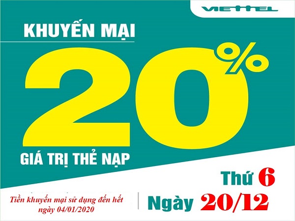 Viettel khuyến mãi 20% giá trị thẻ nạp ngày vàng 20/12/2019