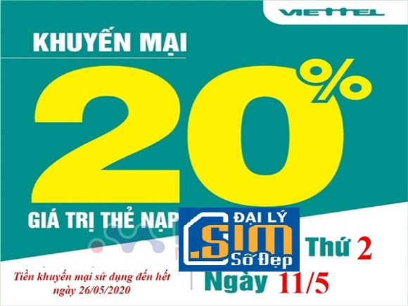 Viettel khuyến mãi 20% giá trị thẻ nạp ngày vàng 11/5/2020