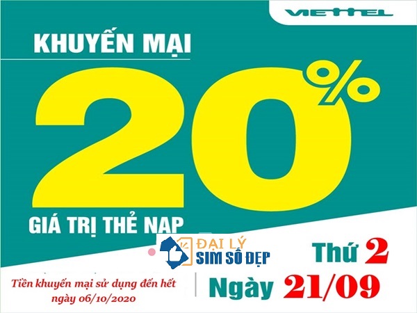Viettel khuyến mãi tặng 20% giá trị thẻ nạp ngày vàng duy nhất 21/9/2020
