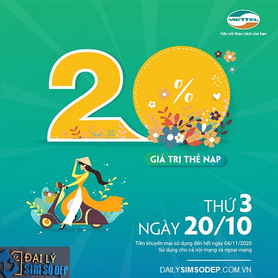 Chúc mừng ngày Phụ Nữ Việt Nam: Viettel khuyến mãi tặng 20% thẻ nạp ngày 20/10/2020