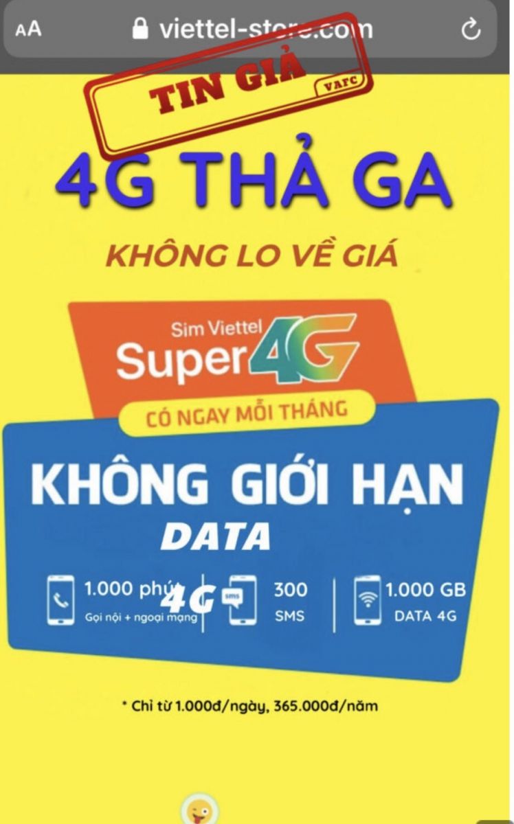 Website giả mạo của Viettel rao bán SIM 4G. Nguồn: Trung tâm Xử lý tin giả