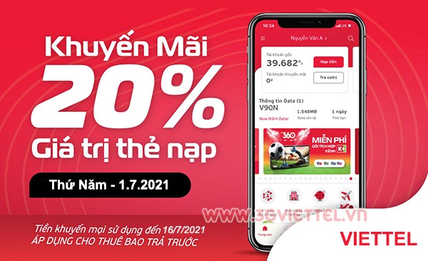 Viettel khuyến mãi 1/7/2021 ưu đãi 20% giá trị tiền nạp bất kỳ trong ngày Khuyến mãi Viettel ngày 1/7/2021 ưu đãi 20% giá trị tiền nạp cho thuê bao trả trước