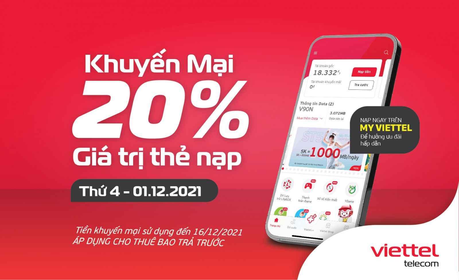 Ngày mai Viettel khuyến mại 20% giá trị thẻ nạp, chào tháng 12 ấm áp