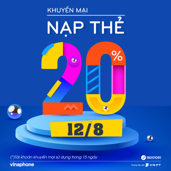 Khuyến mãi VinaPhone tặng 20% thẻ nạp ngày vàng 12/8/2022