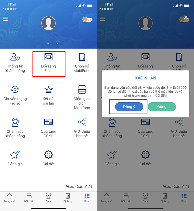 Chức năng đổi eSIM trên My MobiFone.